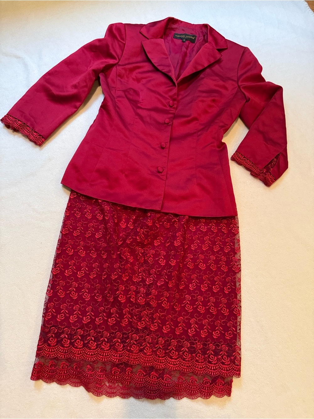 Donna Ricco Red Lace Hem Midi Skirt and Jacket Set
